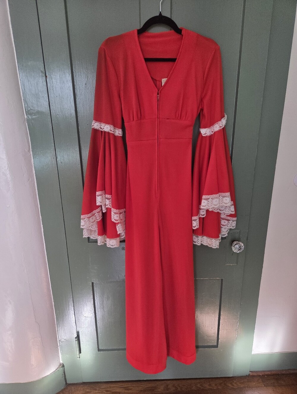 VINTAGE Red Bell-Sleeve Dress with Lace Trim Small